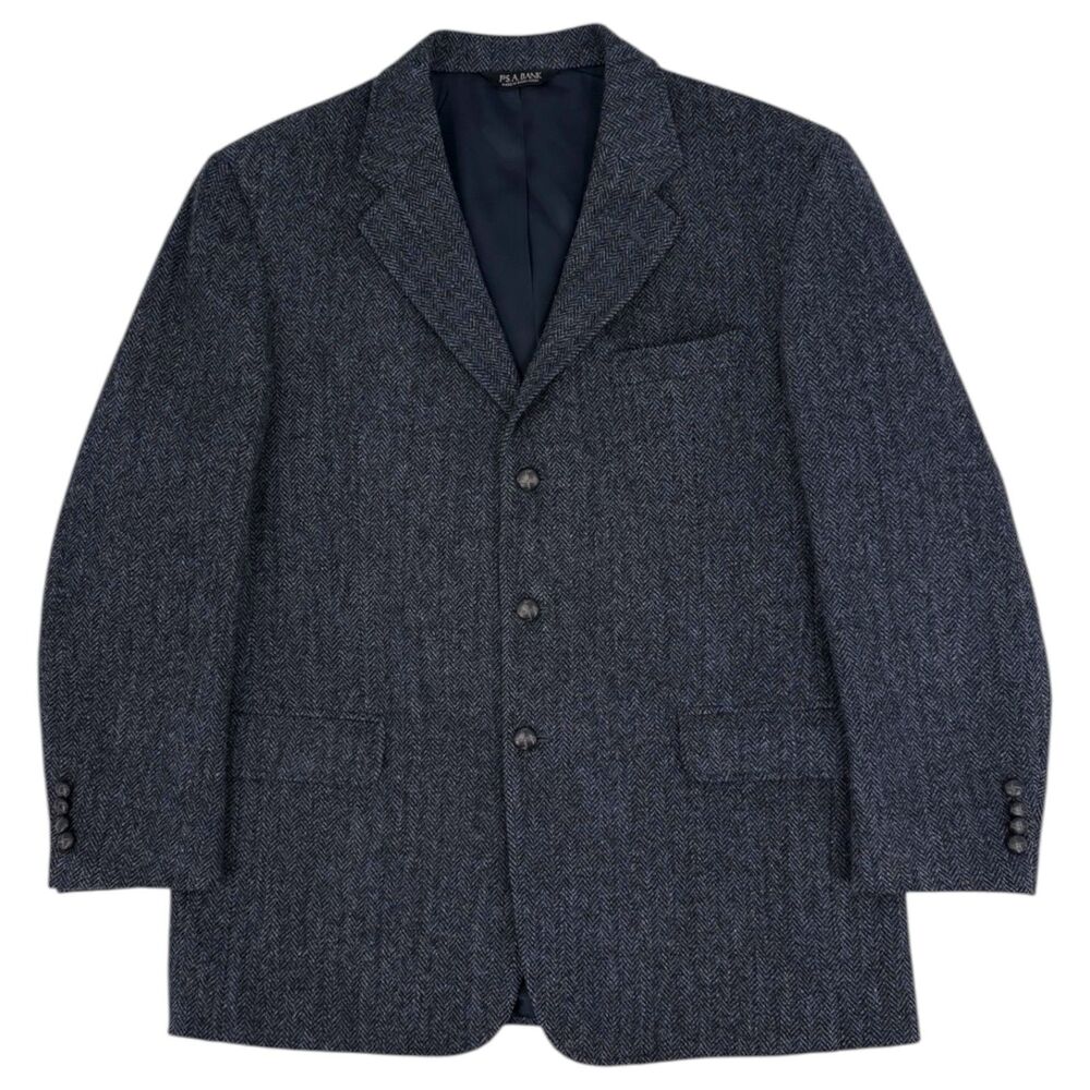 Vtg 90s Harris Tweed x Jos A Bank Blazer Blue Gray Herringbone 3 Button Wool 44R